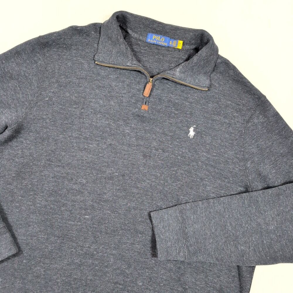 Polo Ralph Lauren Quarter Zip Pullover XL Grey White Pony Logo Sweater Preppy
